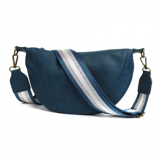 Teal Vegan Leather Half Moon Bag with Striped Strap by Peace of Mind
